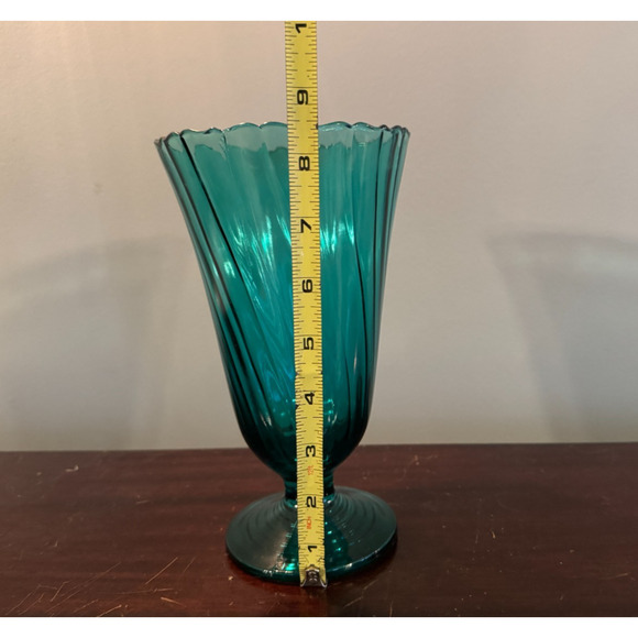 Jeannette Glass Swirl Ultramarine Vase 8.5 Inch Pedestal Aquamarine 1930s - Picture 6 of 7